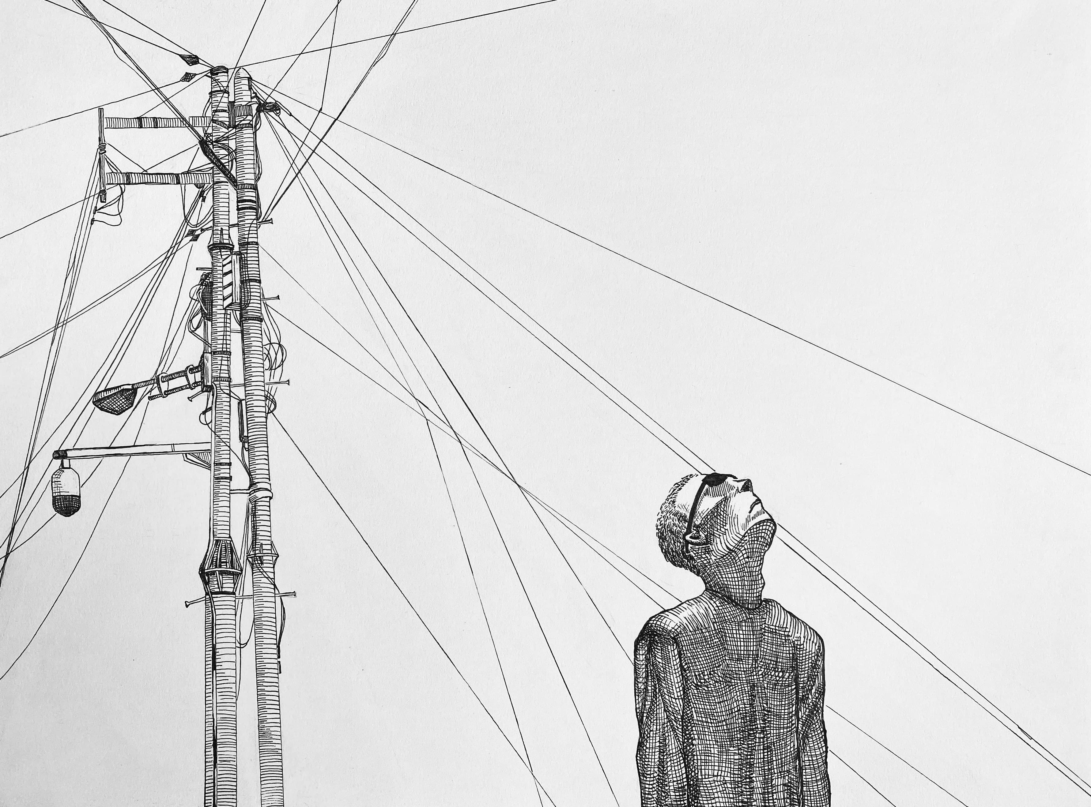 Ink illustration of a person looking up at utility poles and wires